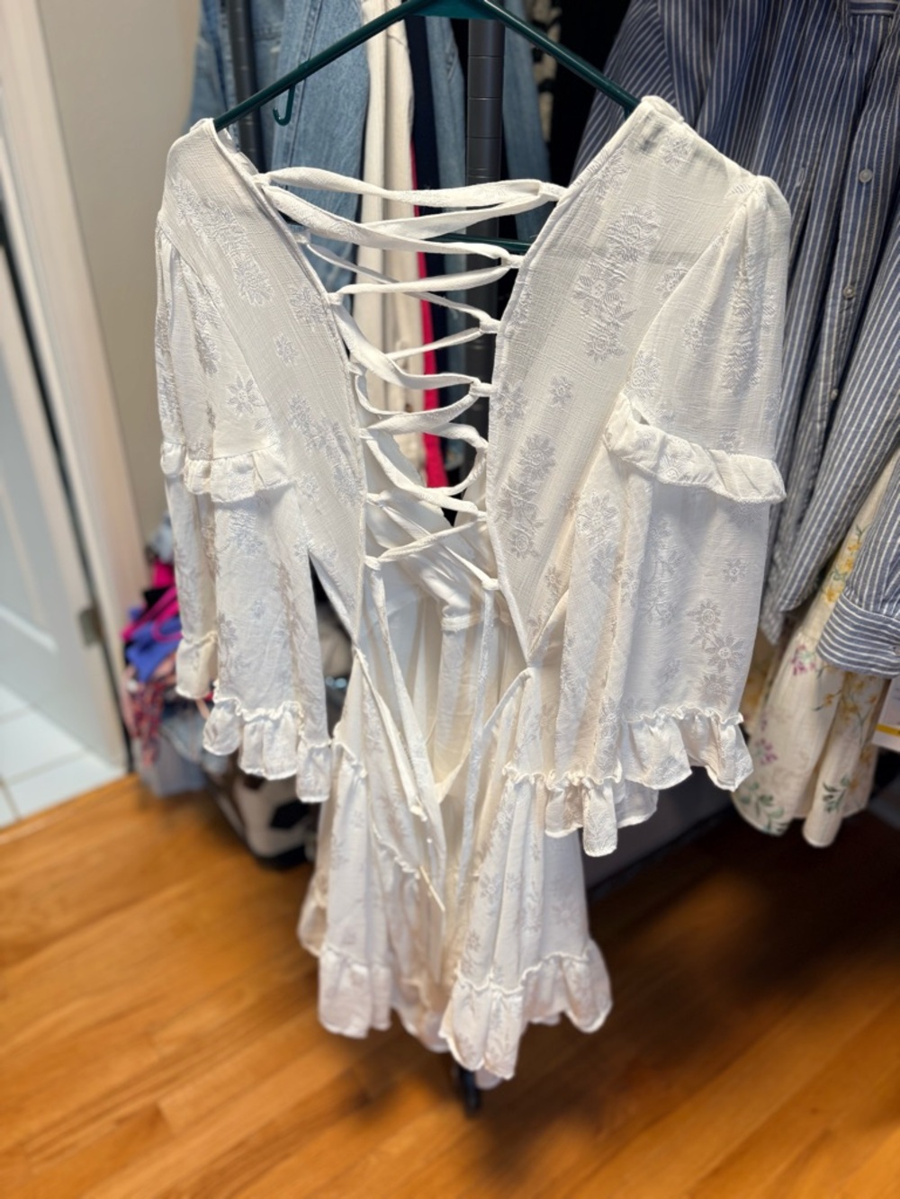 Ivory Textured Ruffle Sleeve Mini Dress - Picture 2 of 6
